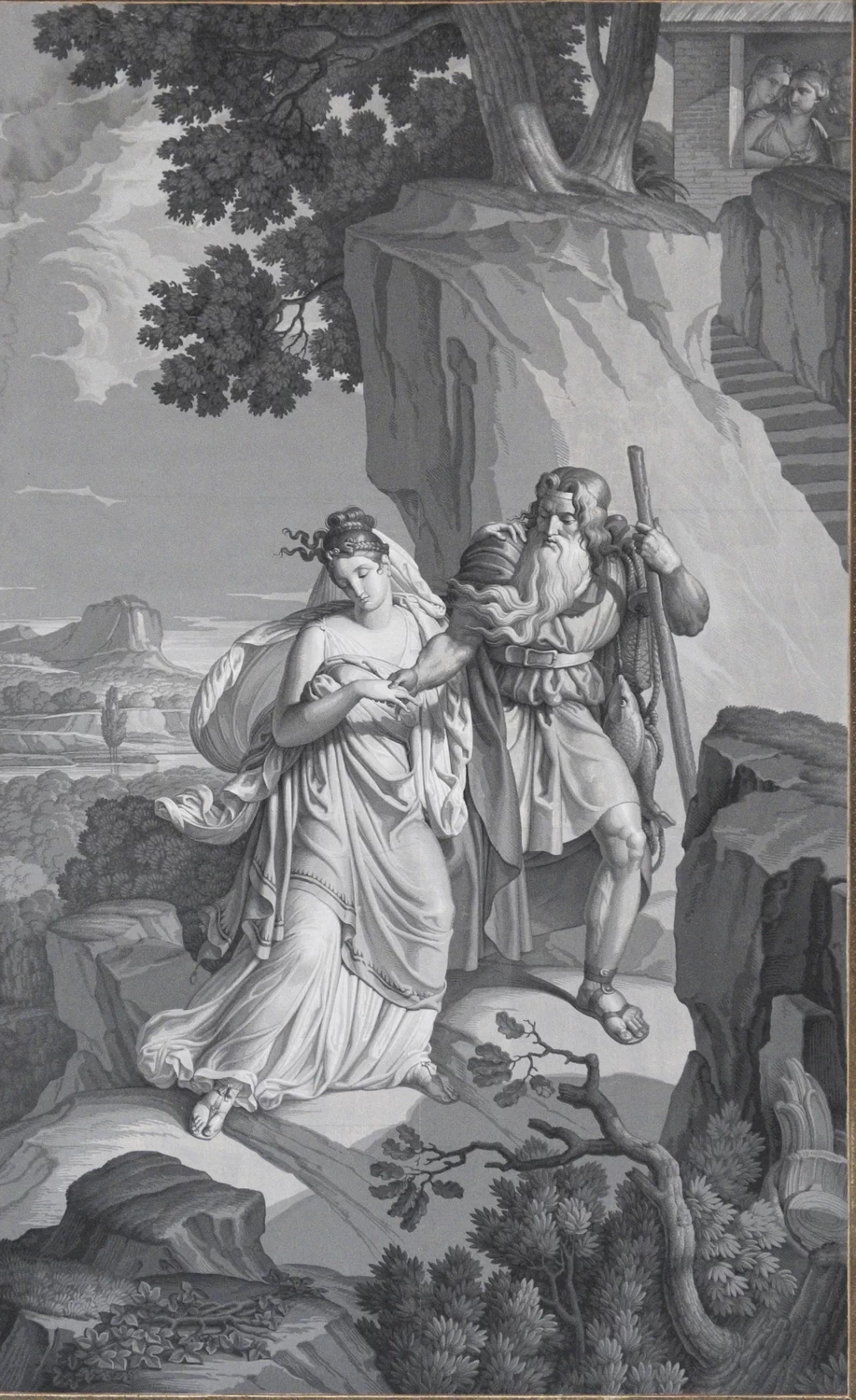 La storia di Psiche - Stampa Grisaille del castello dell'Ordine Teutonico di Ellingen, Psiche viene salvata da un pescatore